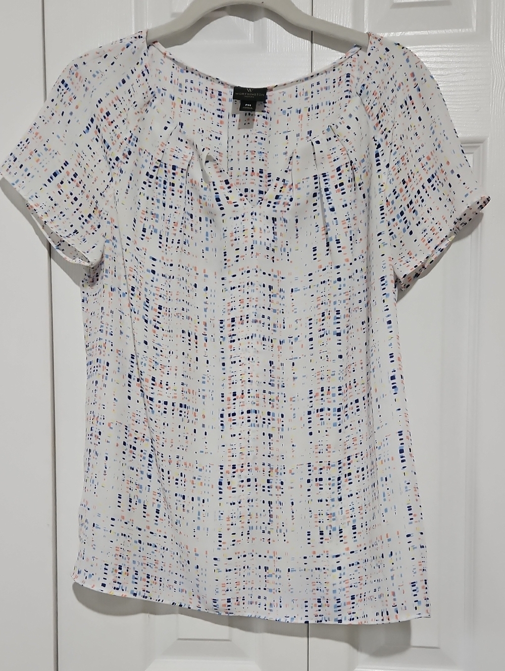 Worthington White Short-Sleeve Printed Peasant Blouse